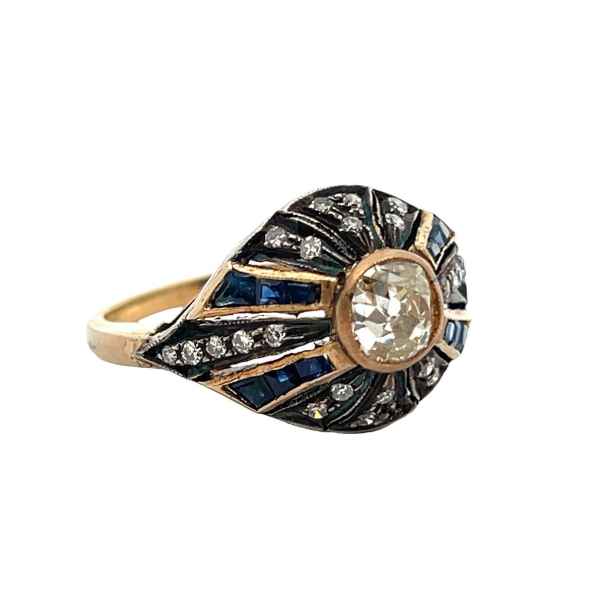 Old Mine Cut Diamond and Sapphire Ring In Excellent Condition For Sale In New York, NY