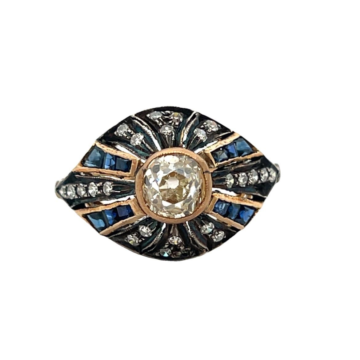Women's Old Mine Cut Diamond and Sapphire Ring For Sale