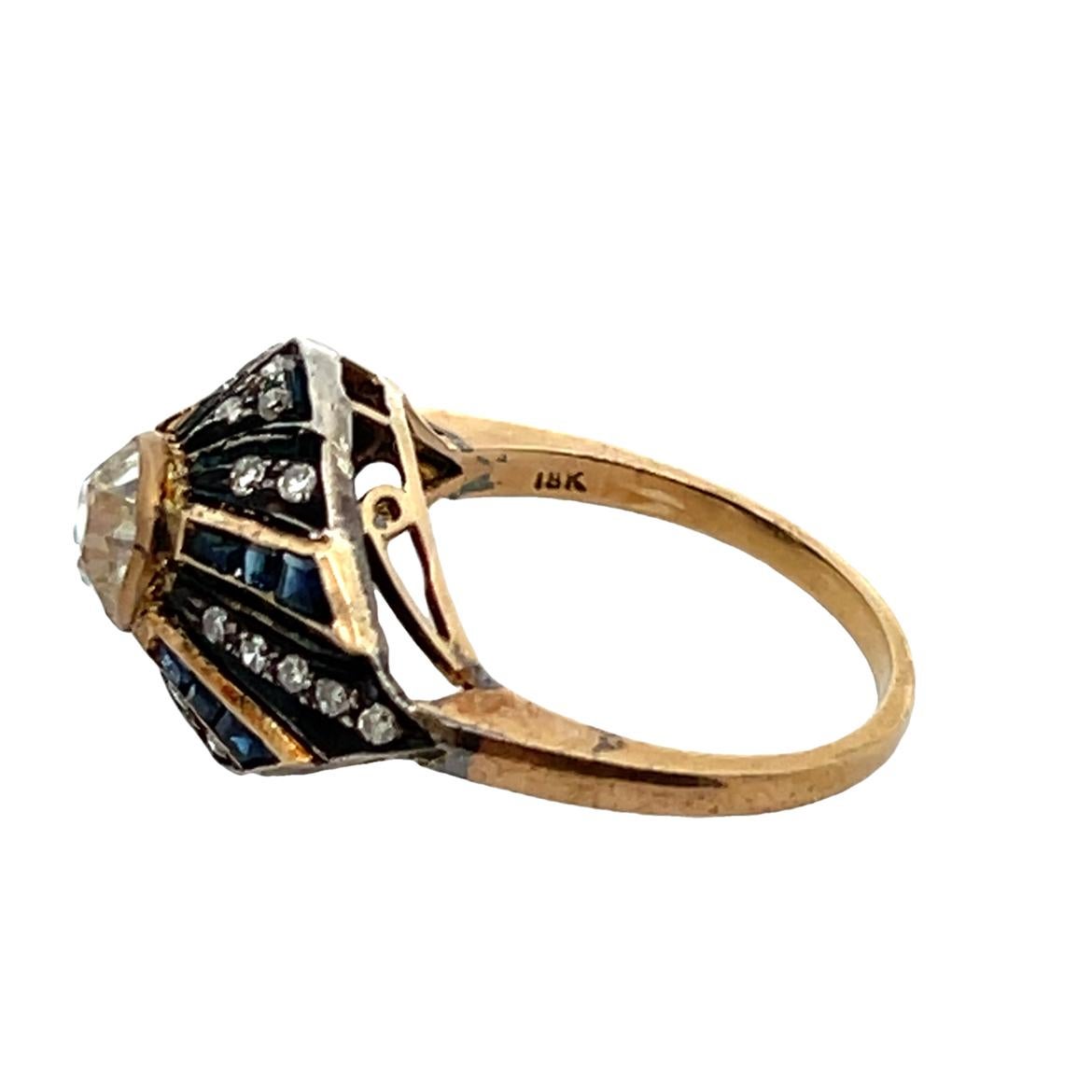 Old Mine Cut Diamond and Sapphire Ring For Sale 1