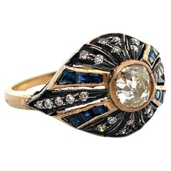 Anillo de diamantes y zafiros talla mina antigua