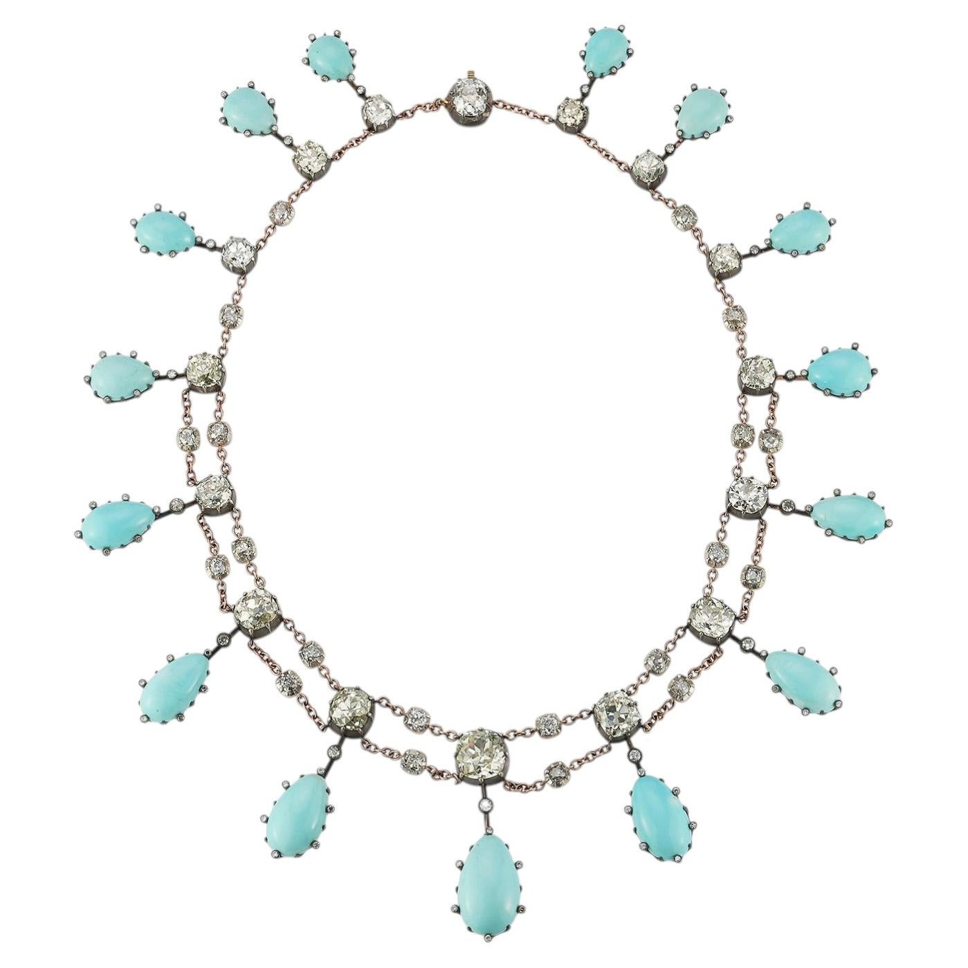 Old Mine Cut Diamond and Turquoise Diamond Necklace