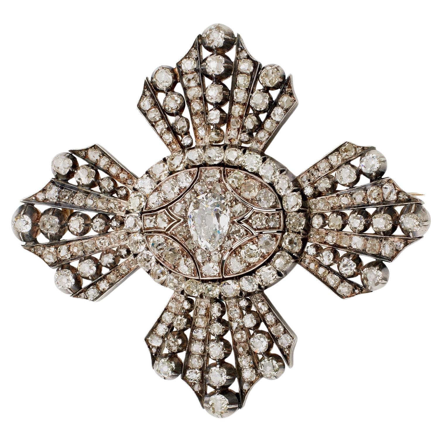 Old Mine-cut Diamond Cross Brooch For Sale