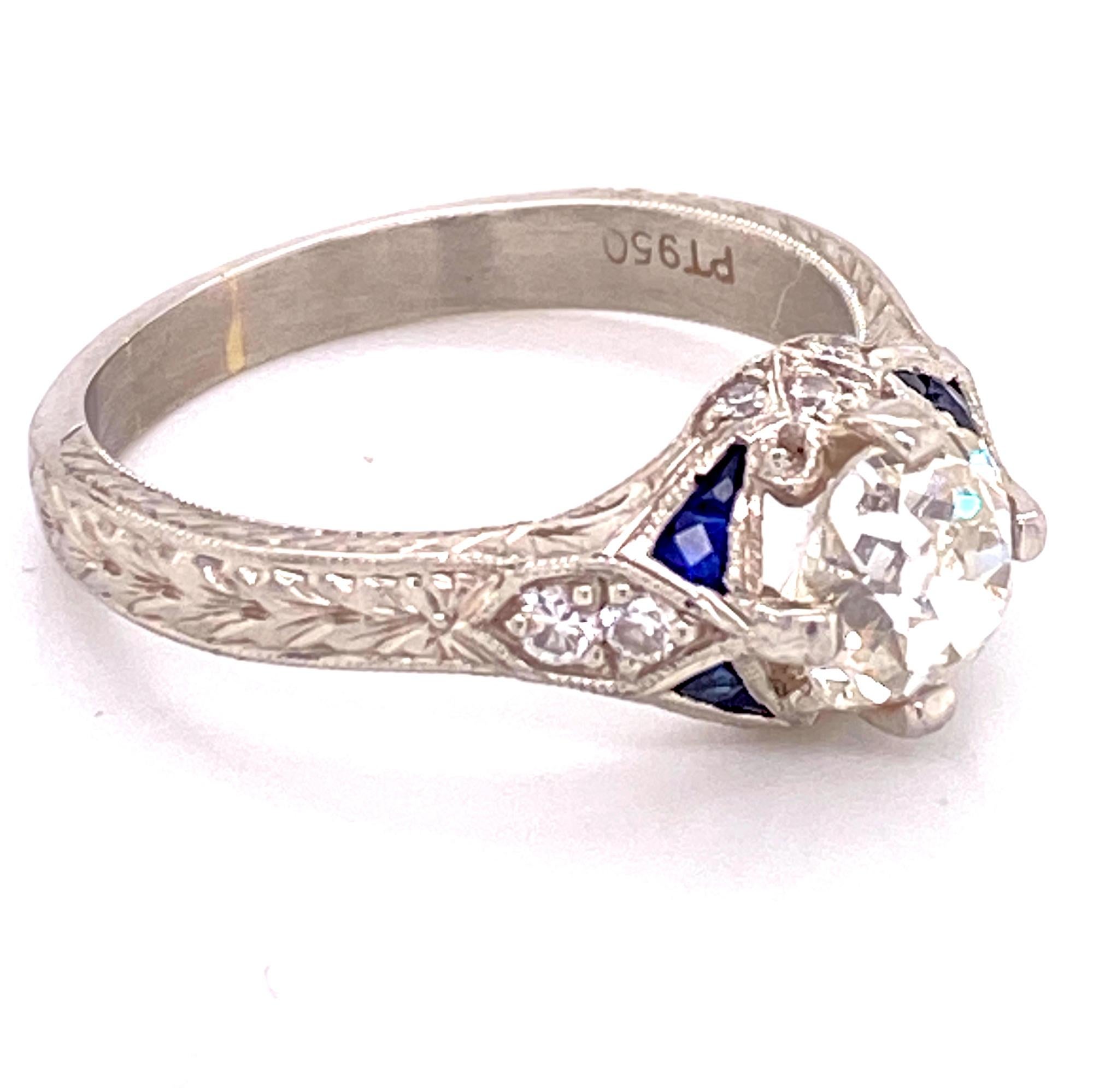 Art Deco Old Mine Cut Diamond Deco Style Platinum Engagement Ring