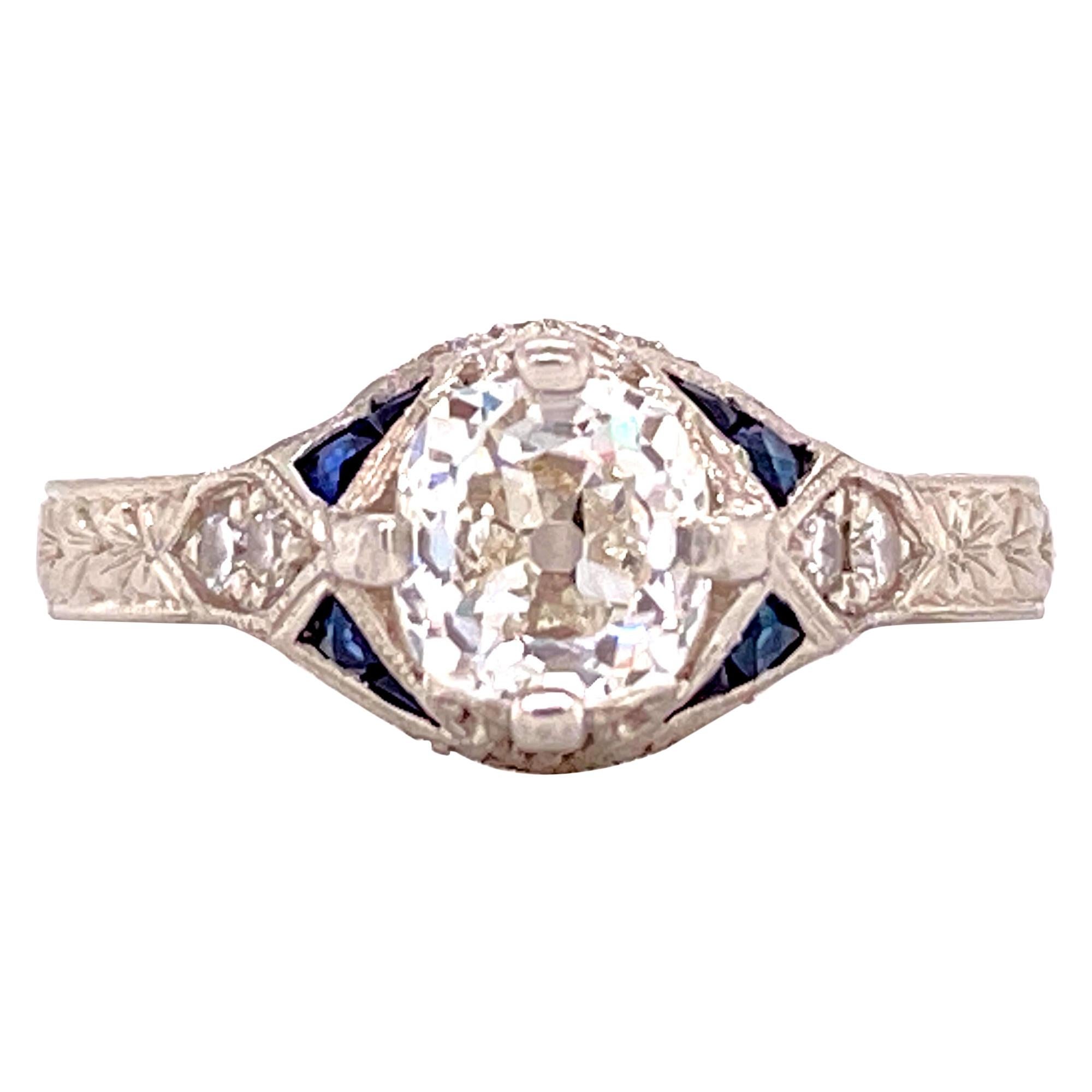 Old Mine Cut Diamond Deco Style Platinum Engagement Ring
