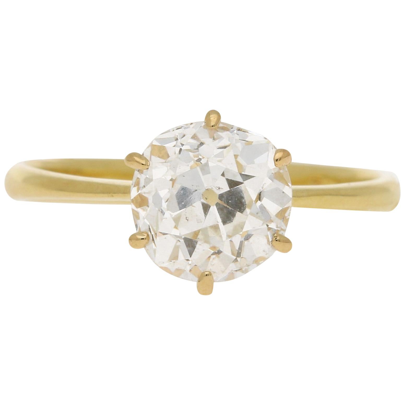 Old Mine Cut Diamond Engagement Ring Set in 18 Karat Yellow Gold