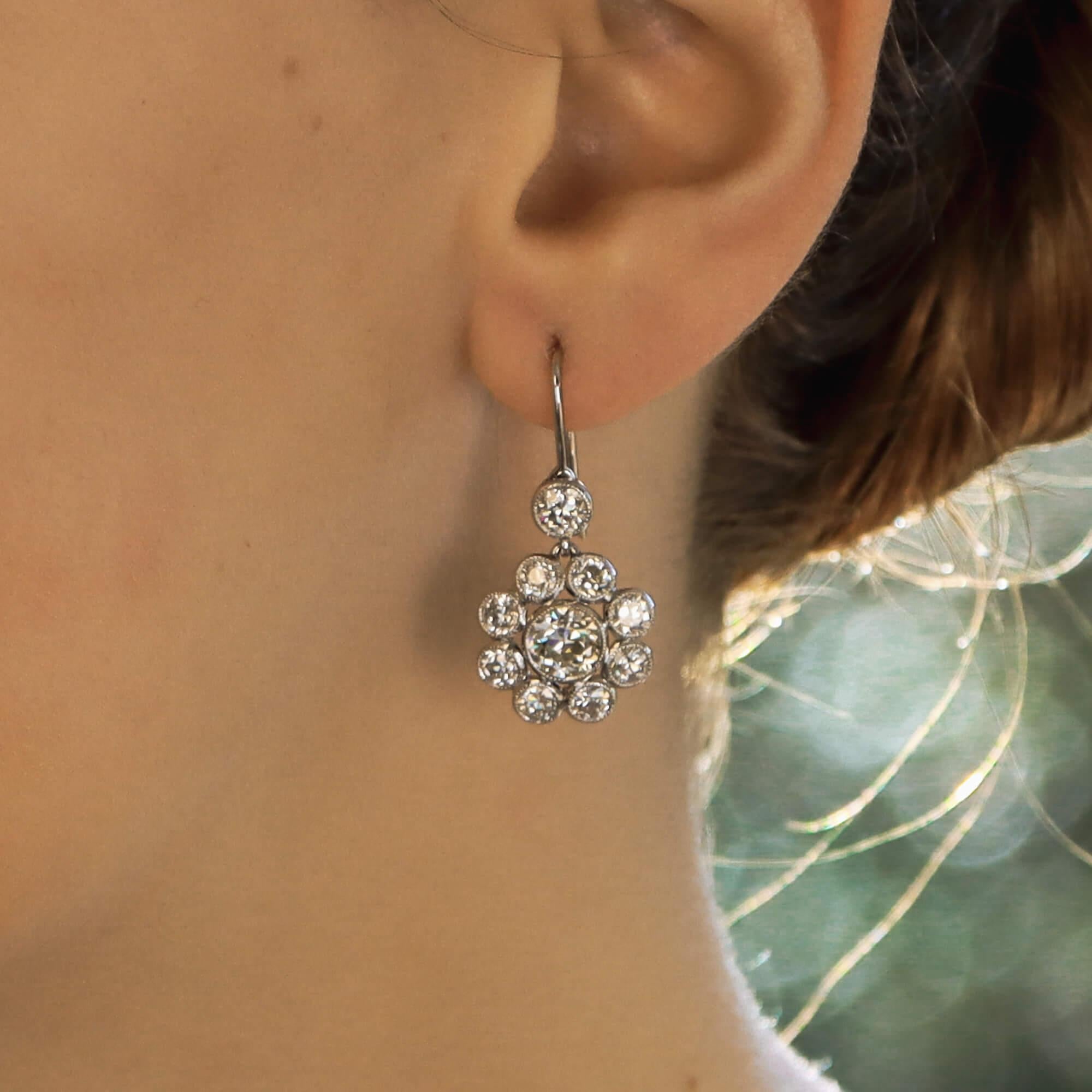 Modern Old Mine Cut Diamond Floral Cluster Earrings in Platinum 
