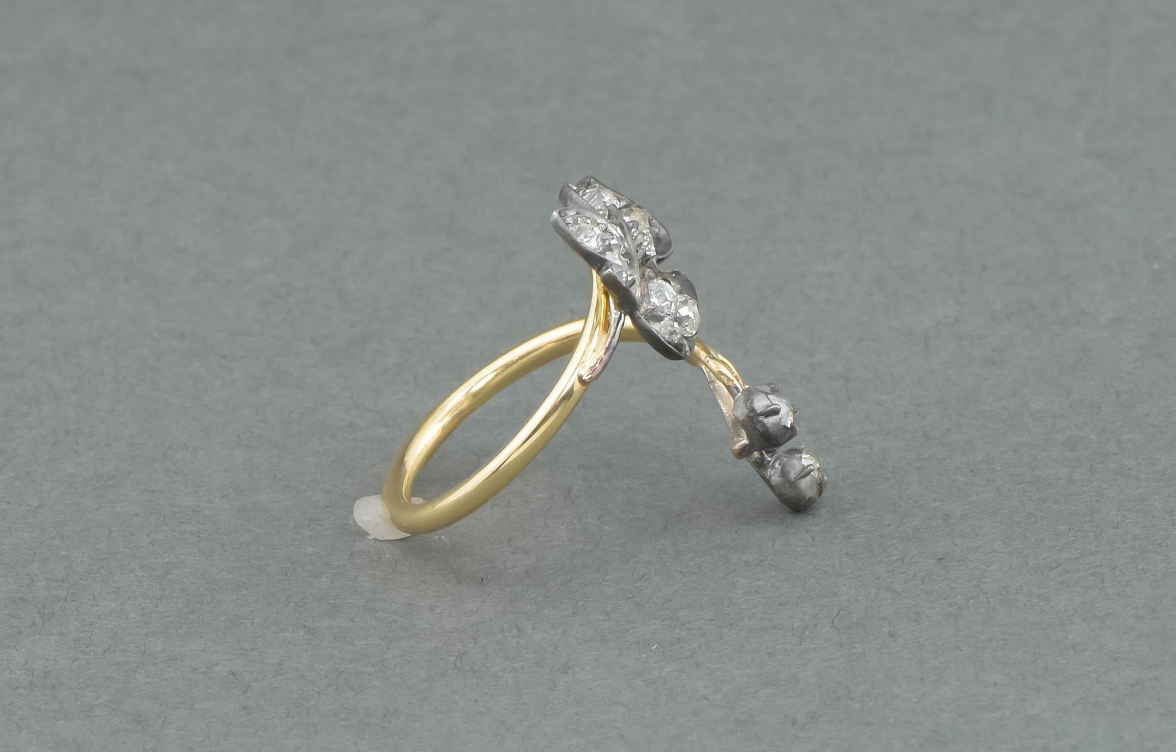 Old Mine Cut Diamond Leaf & Bud Ring - Antique Conversion Bypass Statement Ring In Good Condition In Danvers, MA