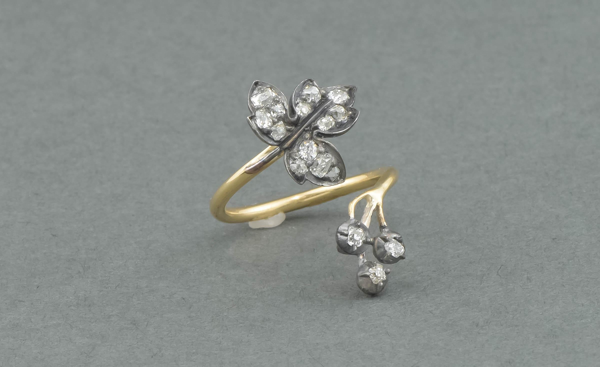 Women's Old Mine Cut Diamond Leaf & Bud Ring - Antique Conversion Bypass Statement Ring