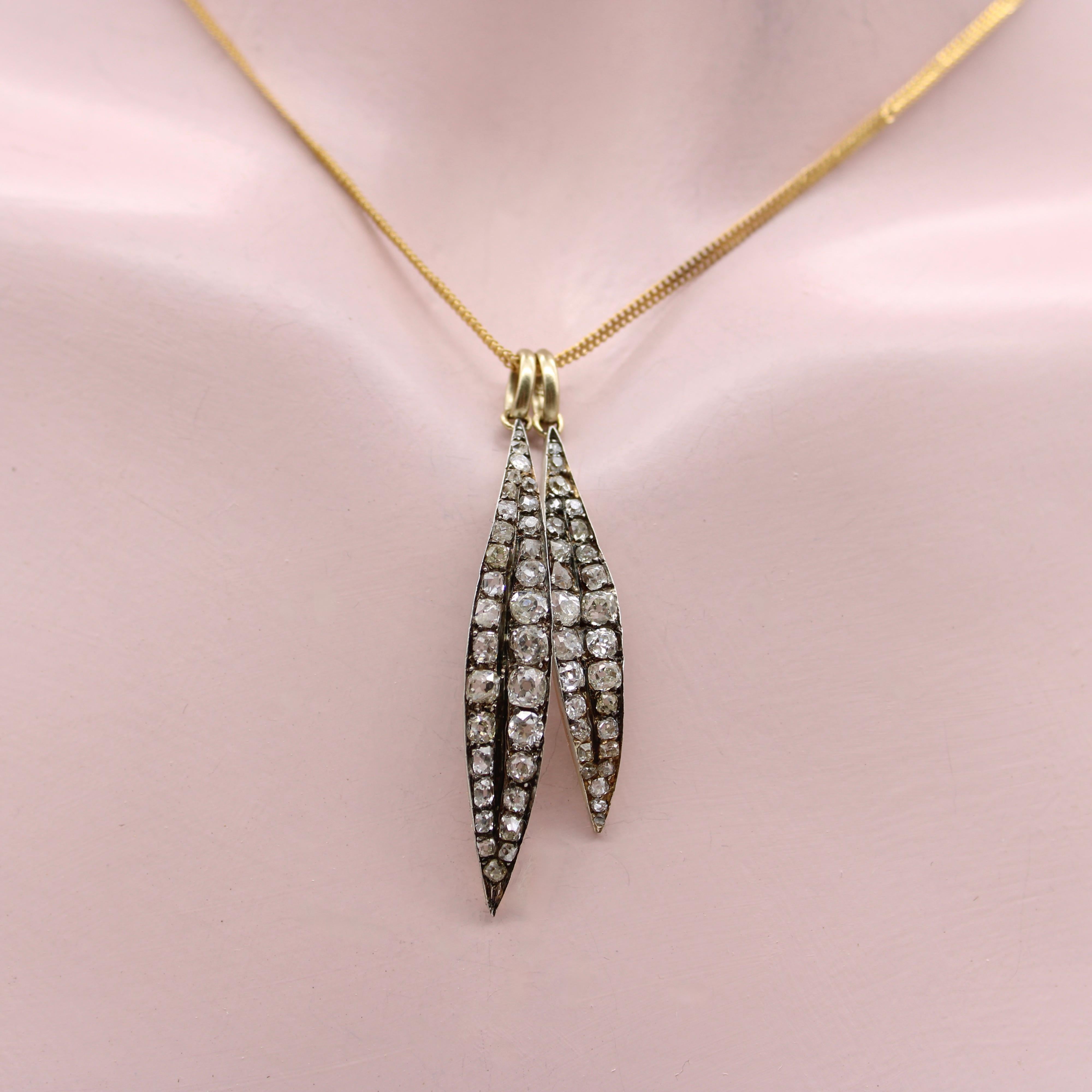 Old Mine Cut Diamond Leaf Shaped Large Pendant with Silver Front and Gold Back  In Good Condition In Venice, CA