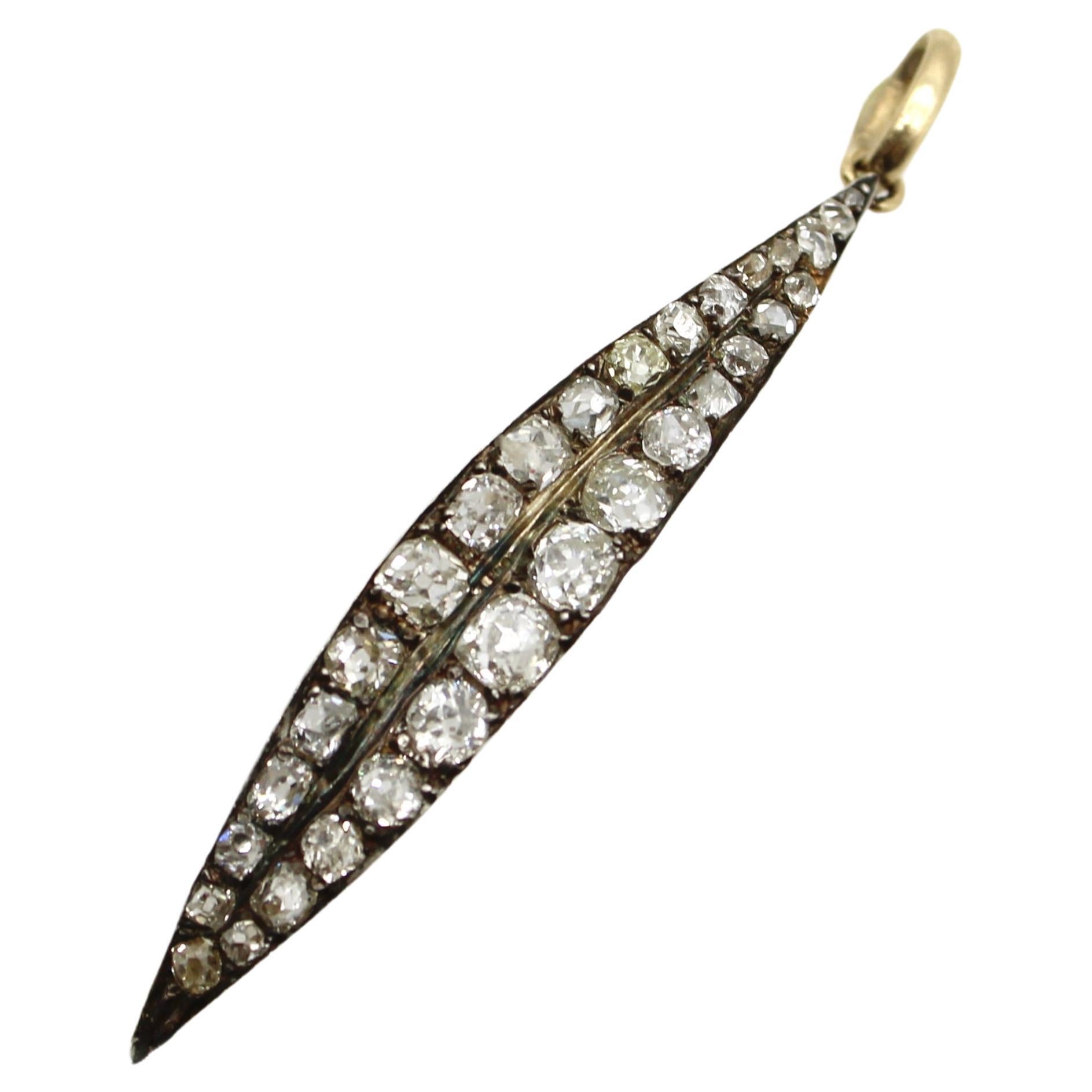 Old Mine Cut Diamond Leaf Shaped Large Pendant with Silver Front and Gold Back 