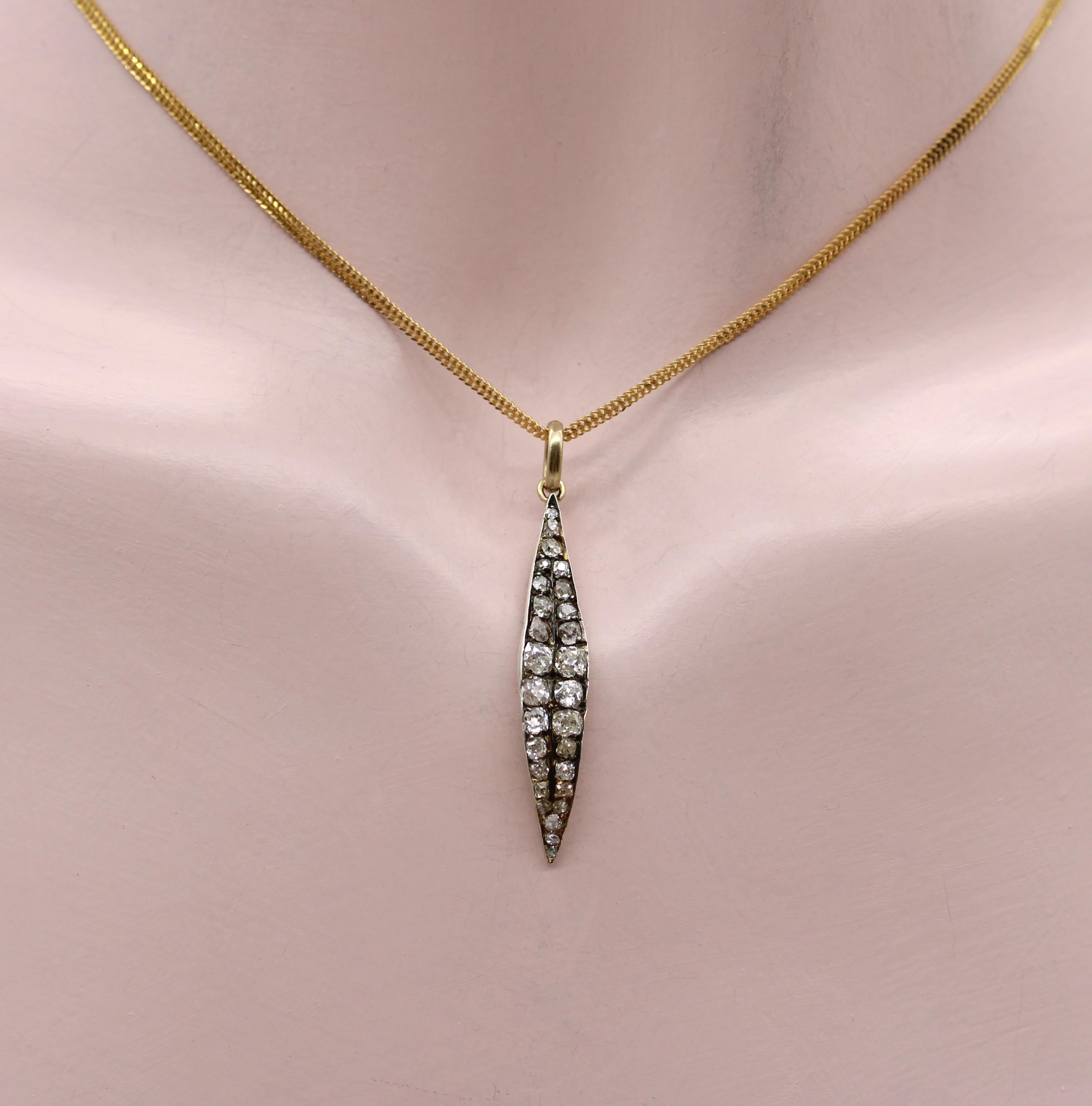 Women's or Men's Old Mine Cut Diamond Leaf Shaped Medium Pendant in 14K Gold & Silver