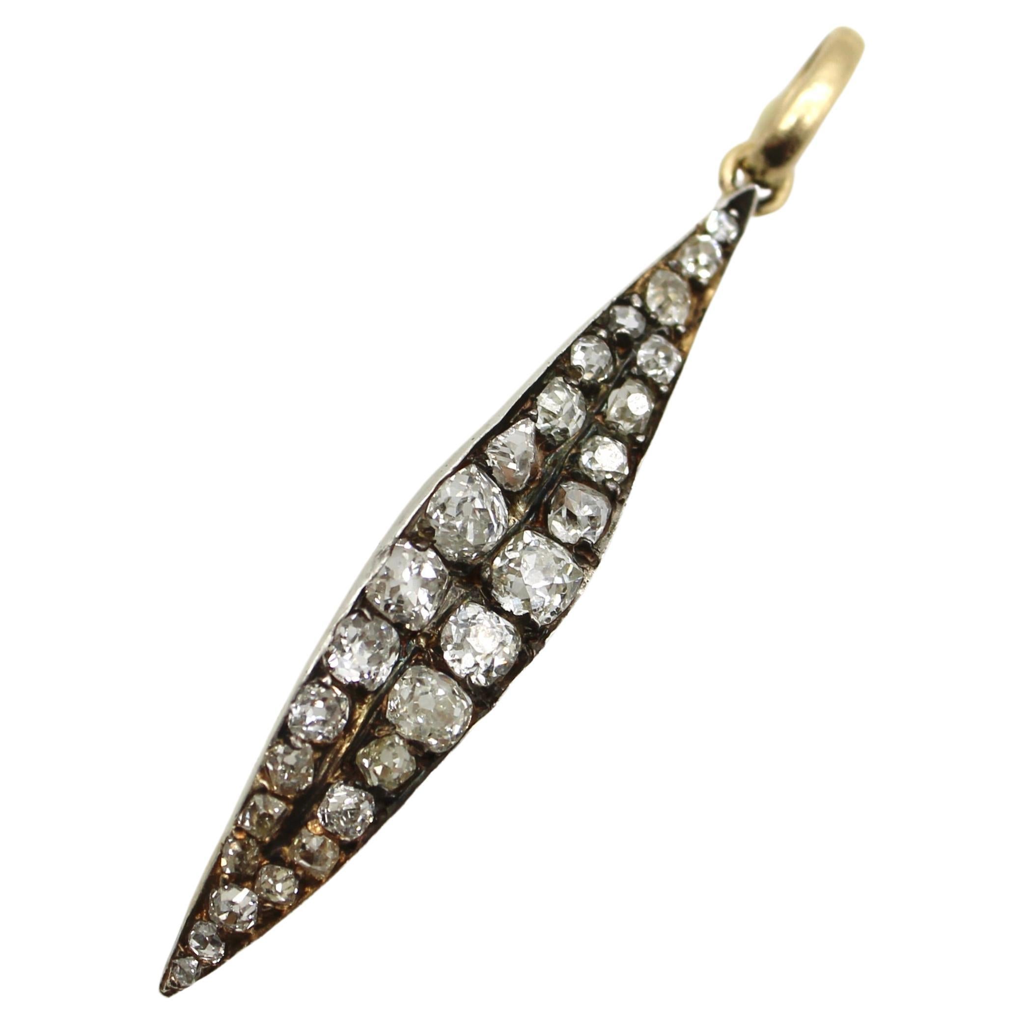 Old Mine Cut Diamond Leaf Shaped Medium Pendant in 14K Gold & Silver