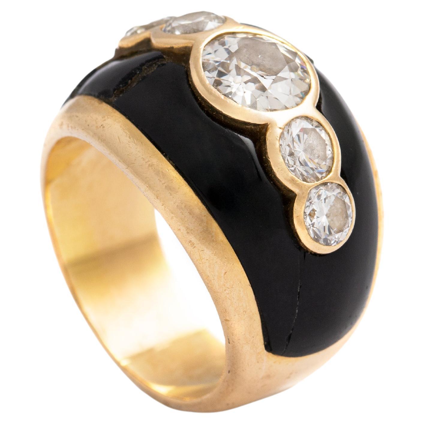 Old Mine Cut Diamond Onyx Yellow Gold 18k Ring For Sale
