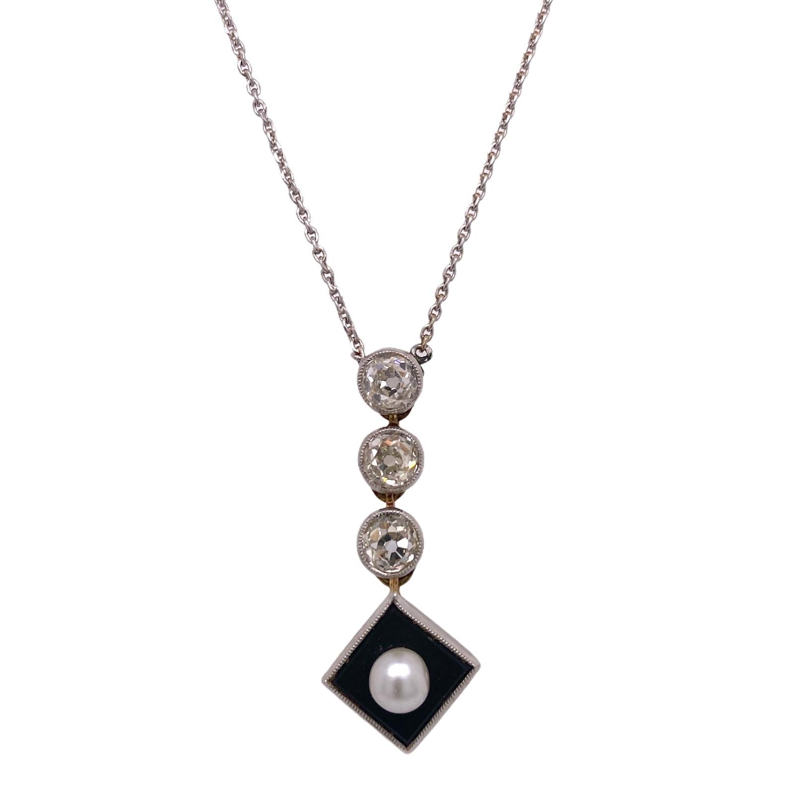 Edwardian Old Mine Cut Diamond Pearl Onyx Drop Antique Necklace Platinum 14KYG