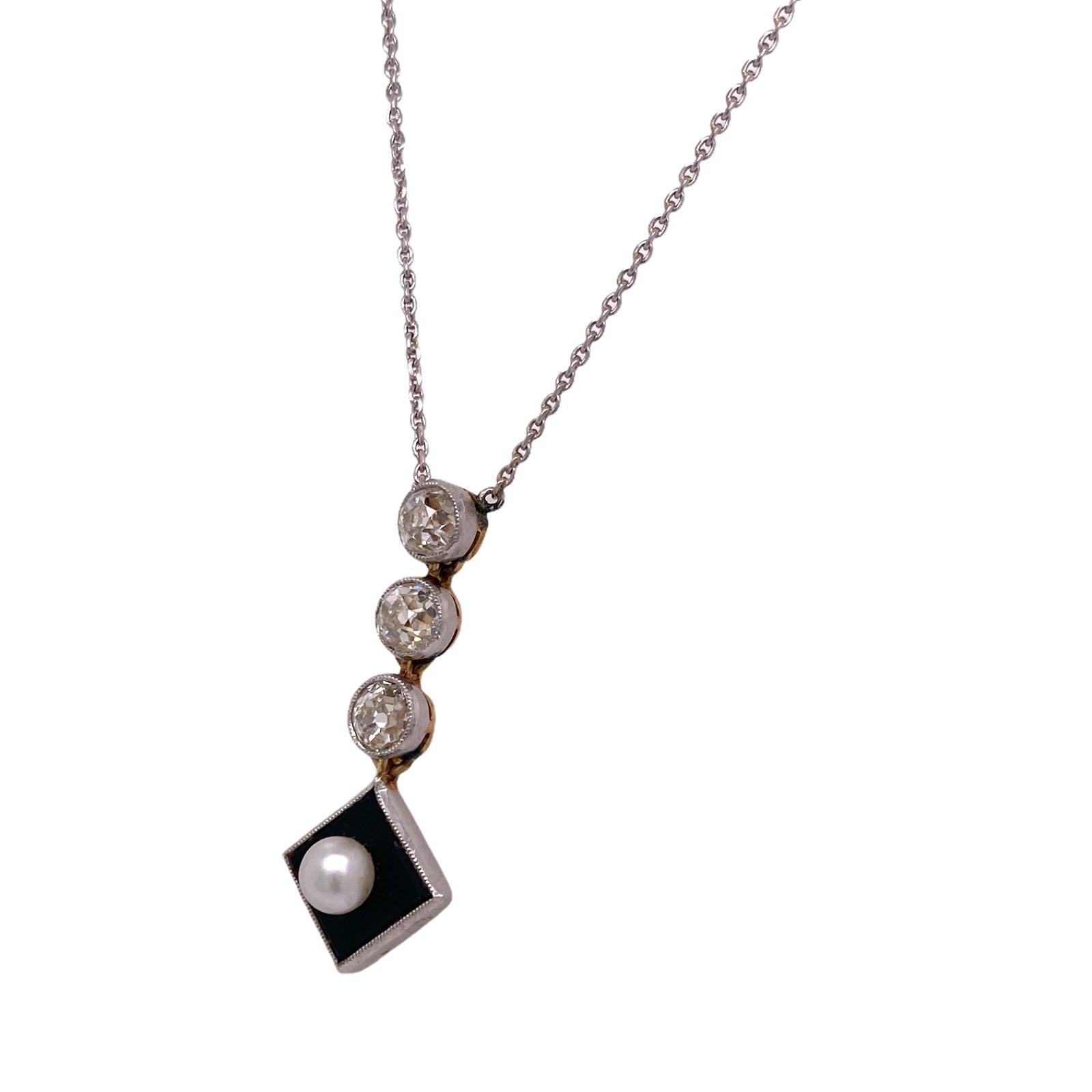 Old Mine Cut Diamond Pearl Onyx Drop Antique Necklace Platinum 14KYG In Good Condition In Boca Raton, FL