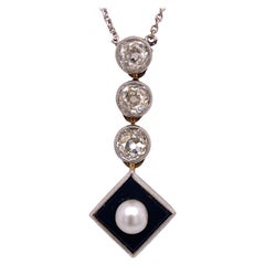 Old Mine Cut Diamond Pearl Onyx Drop Antique Necklace Platinum 14KYG