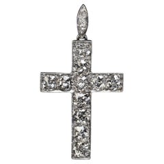 Old Mine Cut Diamond Platinum Antique Cross Pendant 1910s