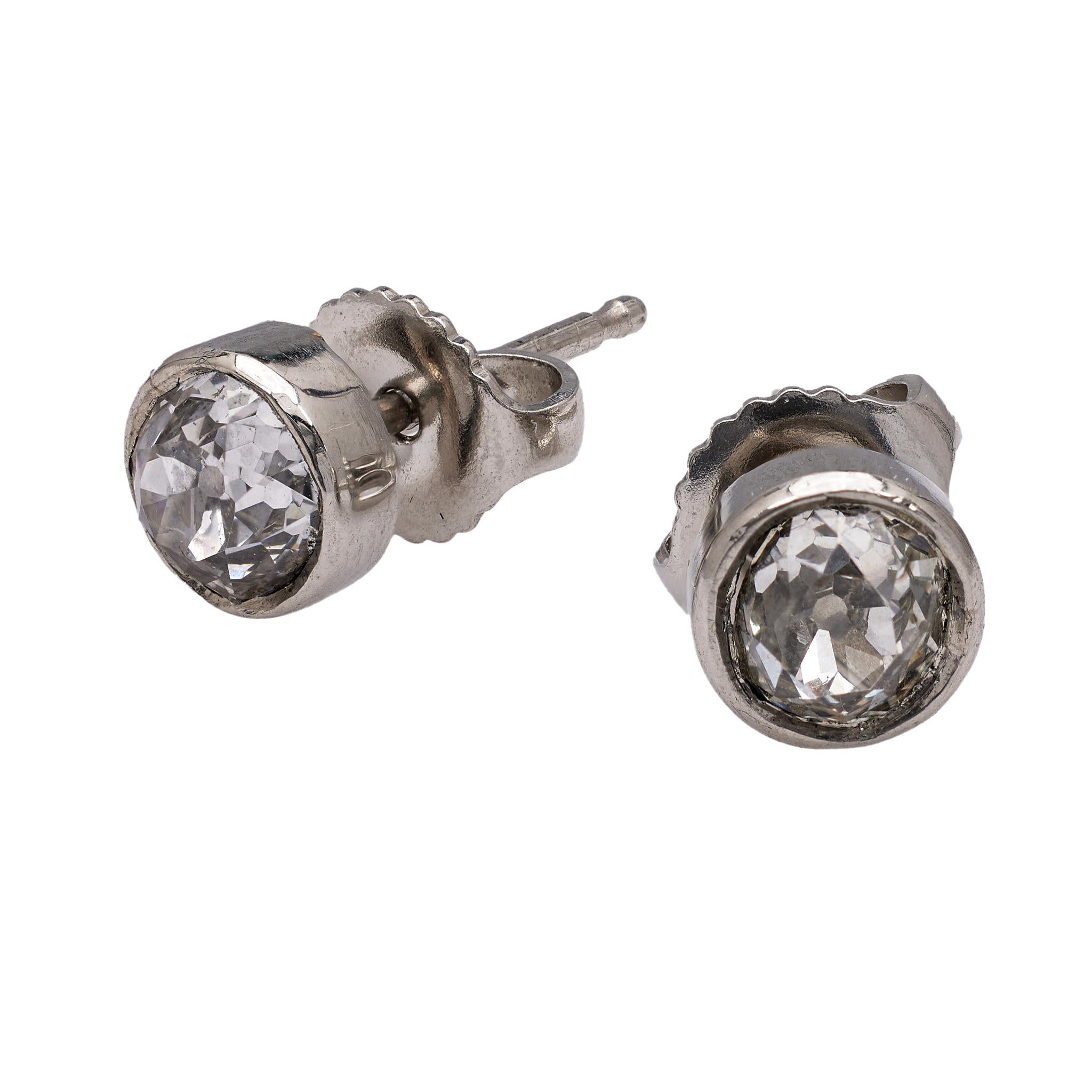 Women's or Men's Old Mine Cut Diamond Platinum Stud Earrings