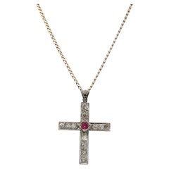 Old Mine Cut Diamond Ruby 14 Karat Yellow Gold Cross Pendant Necklace