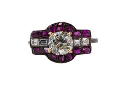 Old Mine Cut Diamond, Ruby, and Rectangular Diamond Art Deco Ring