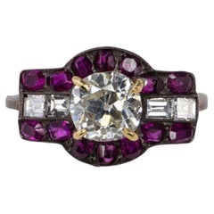 Old Mine Cut Diamond, Ruby, and Rectangular Diamond Art Deco Ring
