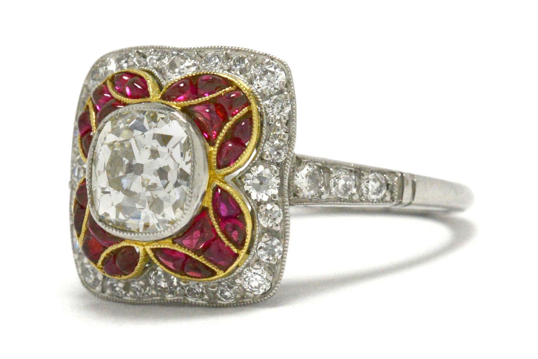 Women's Old Mine Cut Diamond & Ruby Cocktail Ring Engagement Antique Mosaic Bombe' Dome