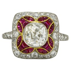 Old Mine Cut Diamond & Ruby Cocktail Ring Engagement Antique Mosaic Bombe' Dome