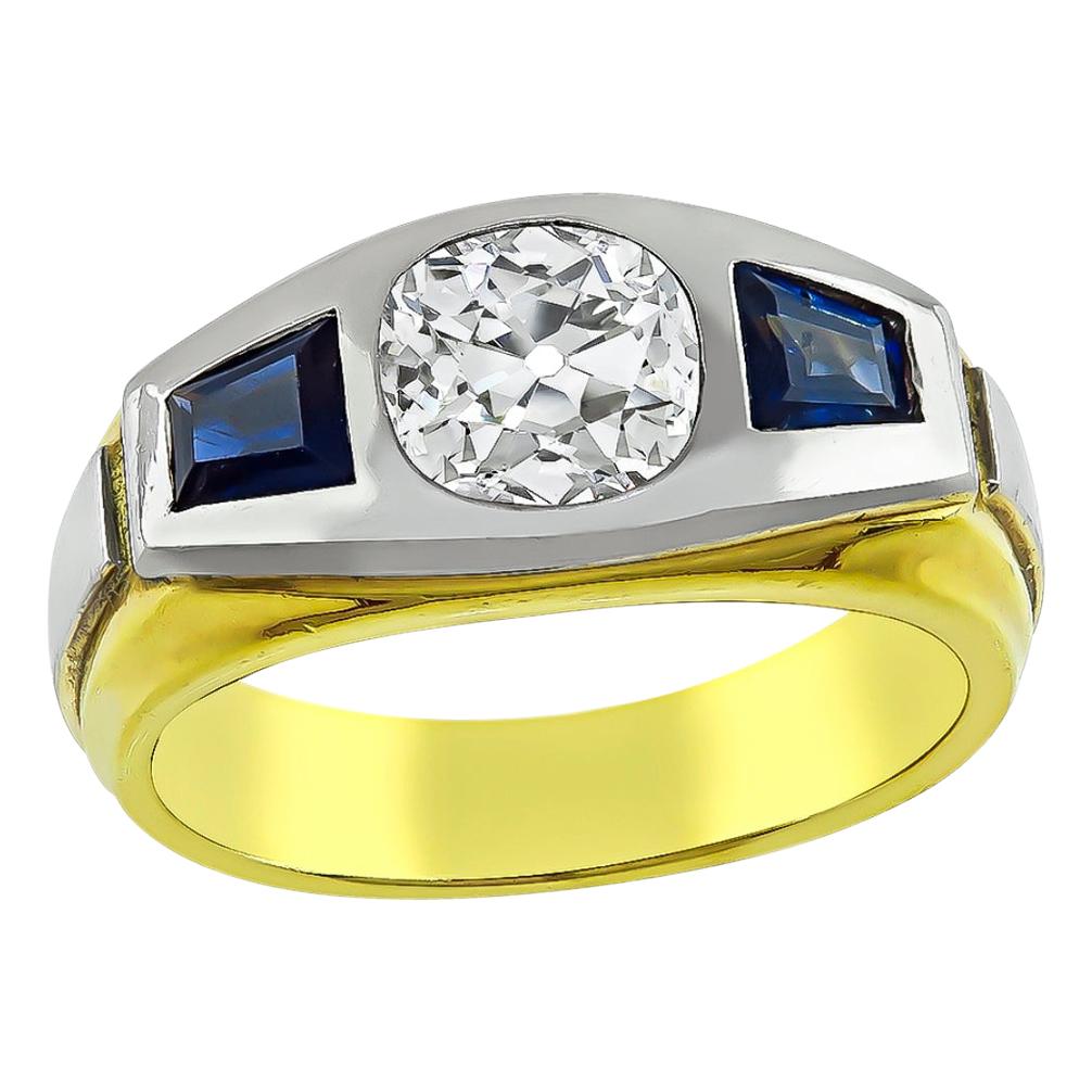 Old Mine Cut Diamond Sapphire 18 Karat Yellow and White Gold Ring