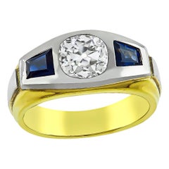 Antique Old Mine Cut Diamond Sapphire 18 Karat Yellow and White Gold Ring