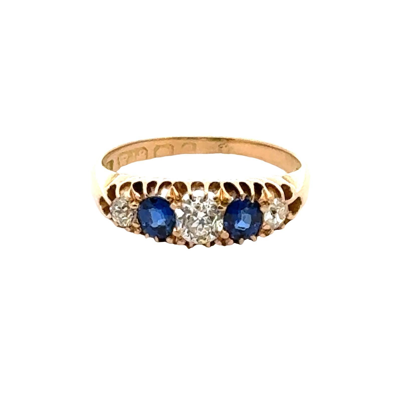 Art Deco Old Mine Cut Diamond Sapphire 18 Karat Yellow Gold 5 Stone Vintage Band Ring For Sale