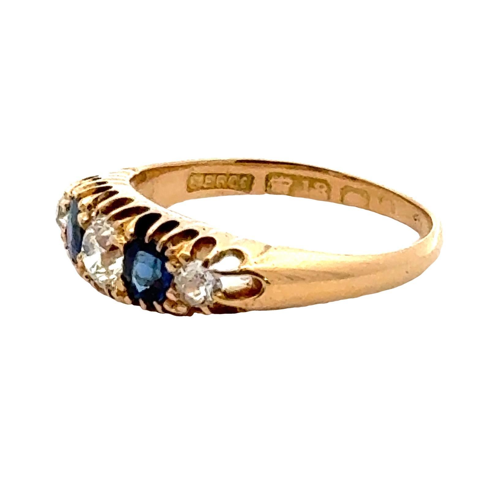 Women's Old Mine Cut Diamond Sapphire 18 Karat Yellow Gold 5 Stone Vintage Band Ring For Sale