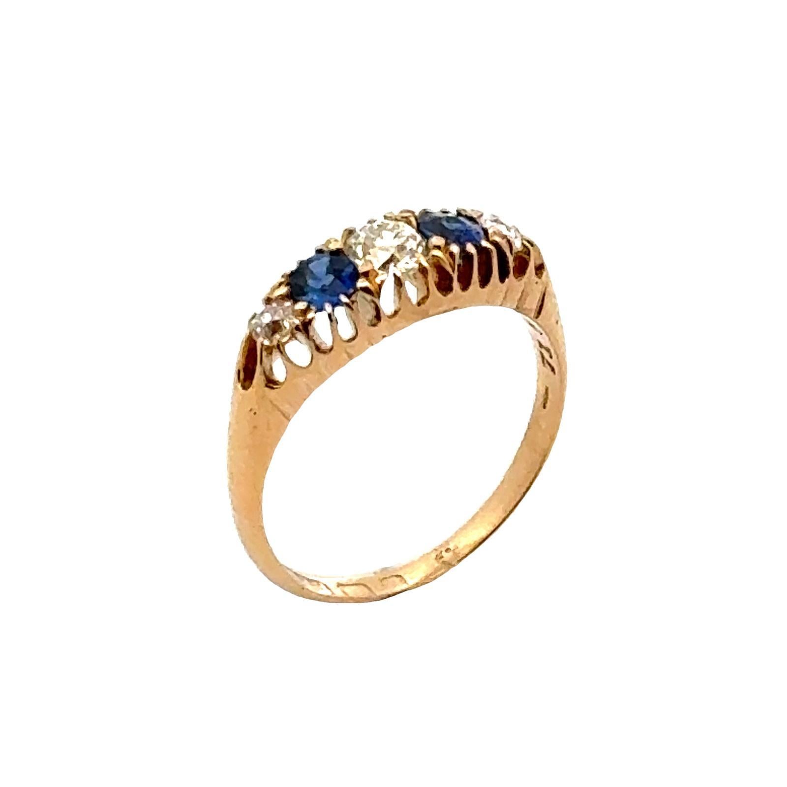 Old Mine Cut Diamond Sapphire 18 Karat Yellow Gold 5 Stone Vintage Band Ring For Sale 1