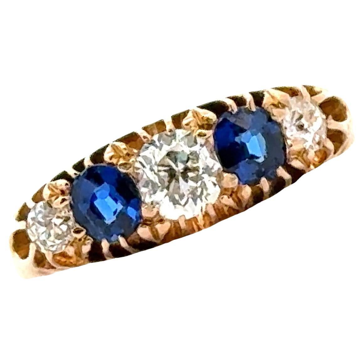 Old Mine Cut Diamond Sapphire 18 Karat Gelbgold 5 Stone Vintage Band Ring