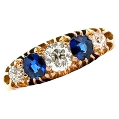 Old Mine Cut Diamond Sapphire 18 Karat Yellow Gold 5 Stone Retro Band Ring