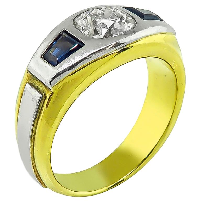 Women's or Men's Old Mine Cut Diamond Sapphire 18 Karat Yellow and White Gold Ring For Sale