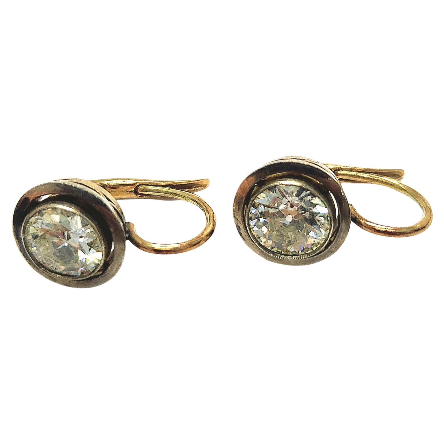 Women's or Men's Old Mine Cut Diamond Solitair Gold Earrings