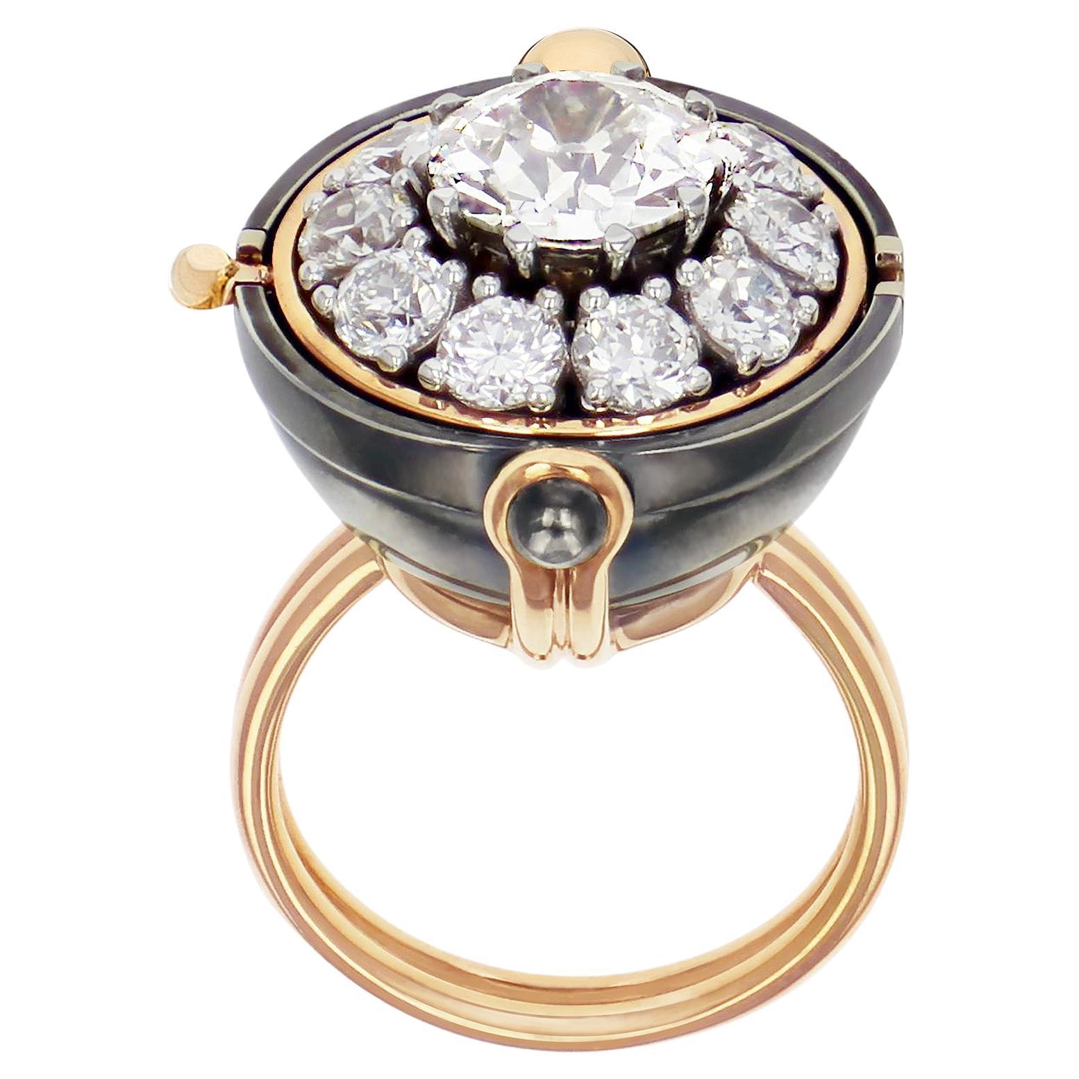 Old Mine Cut Diamond Sphere Ring in 18k Yellow Gold by Elie Top For Sale