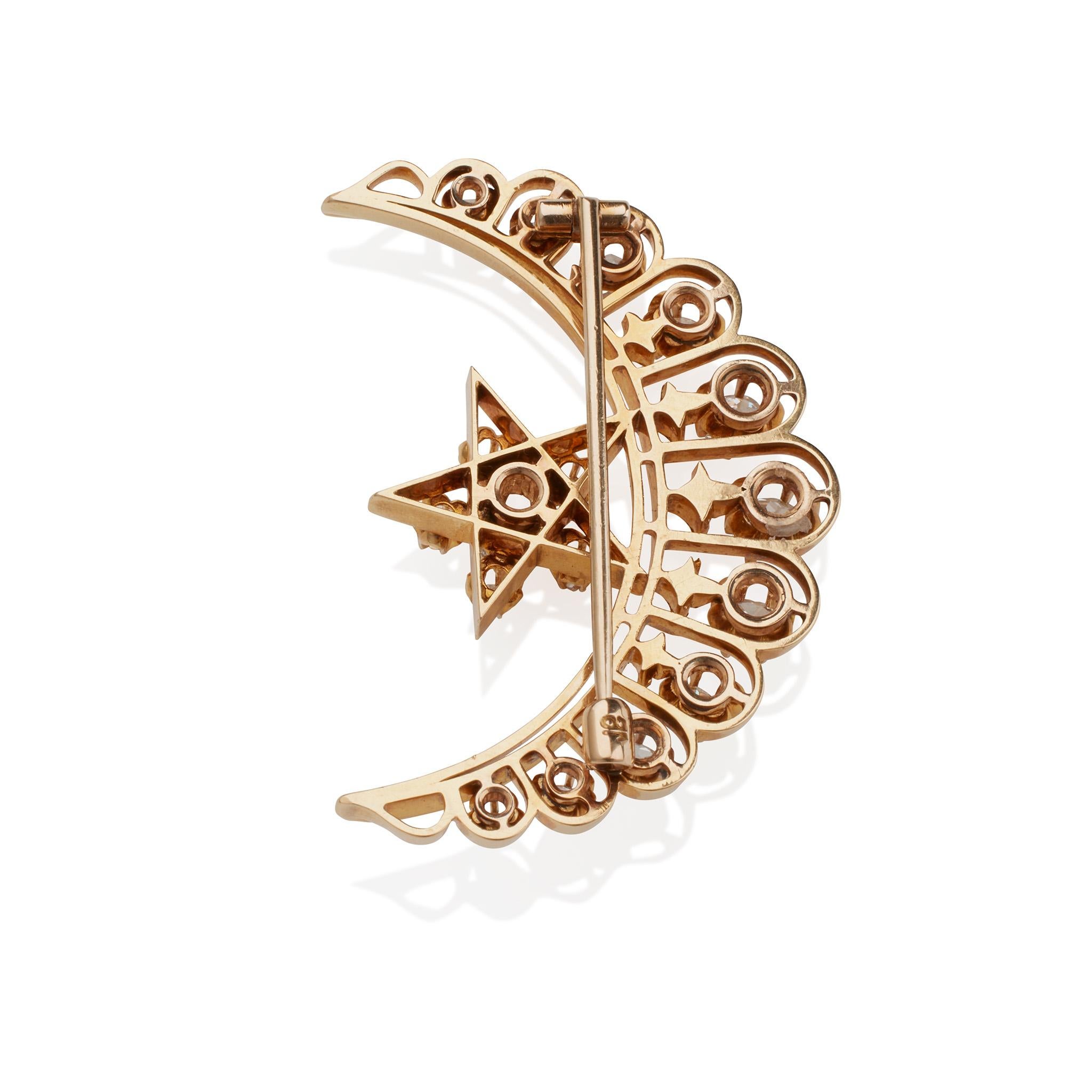 Victorian Old Mine-cut Diamond Star and Crescent New Moon Brooch For Sale