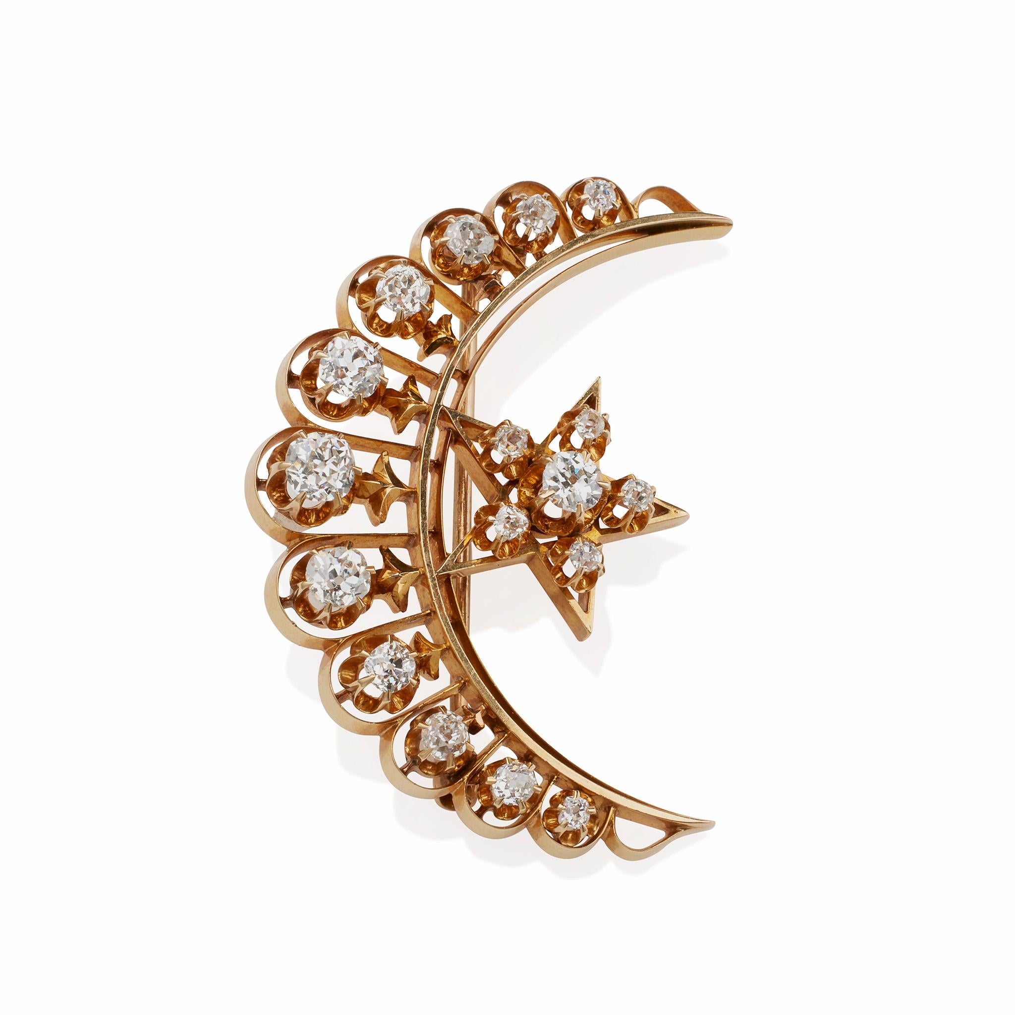 Old Mine Cut Old Mine-cut Diamond Star and Crescent New Moon Brooch For Sale