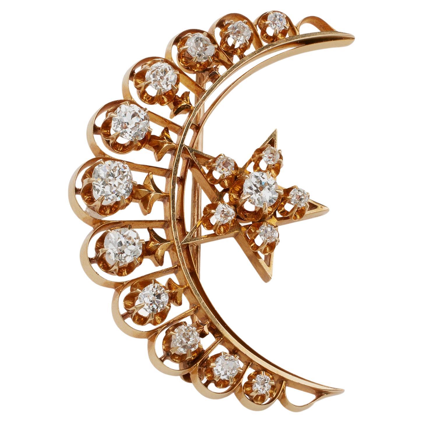 Old Mine-cut Diamond Star and Crescent New Moon Brooch