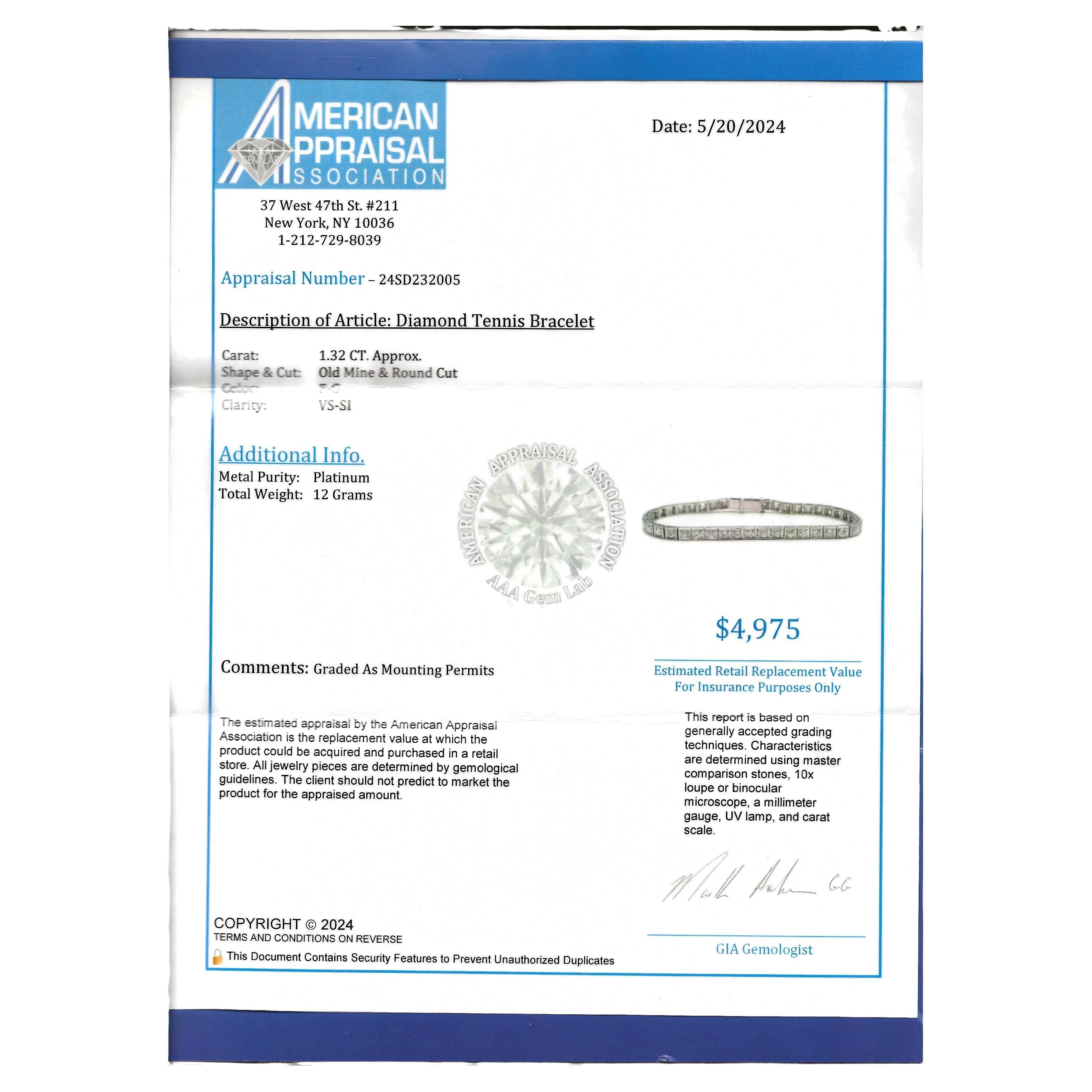 Altes Minenschliff-Diamant-Tennisarmband mit quadratischem Milgrain-Design aus Platin 5