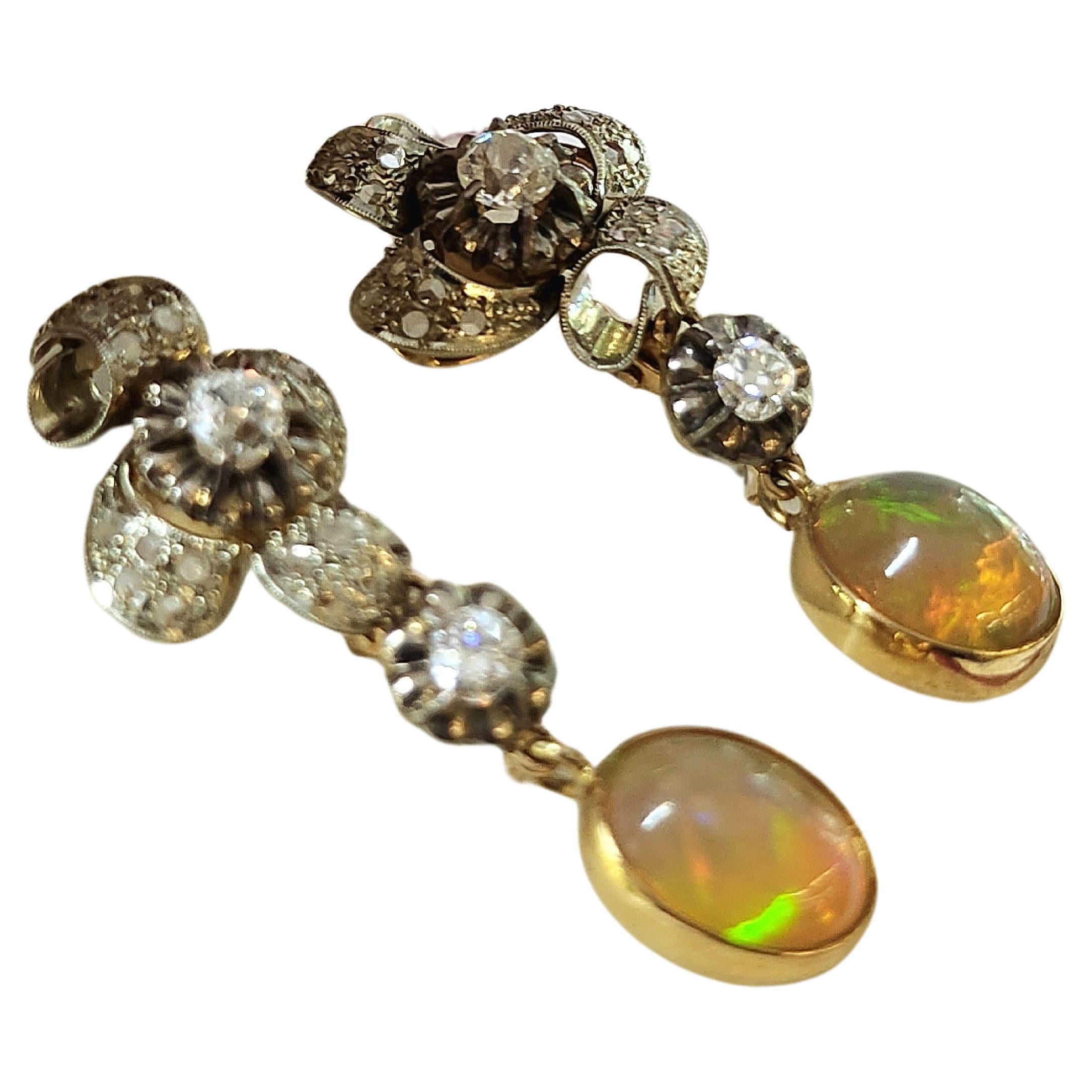 Women's Antique Old Mine Cut Diamonds And Opal Earrings