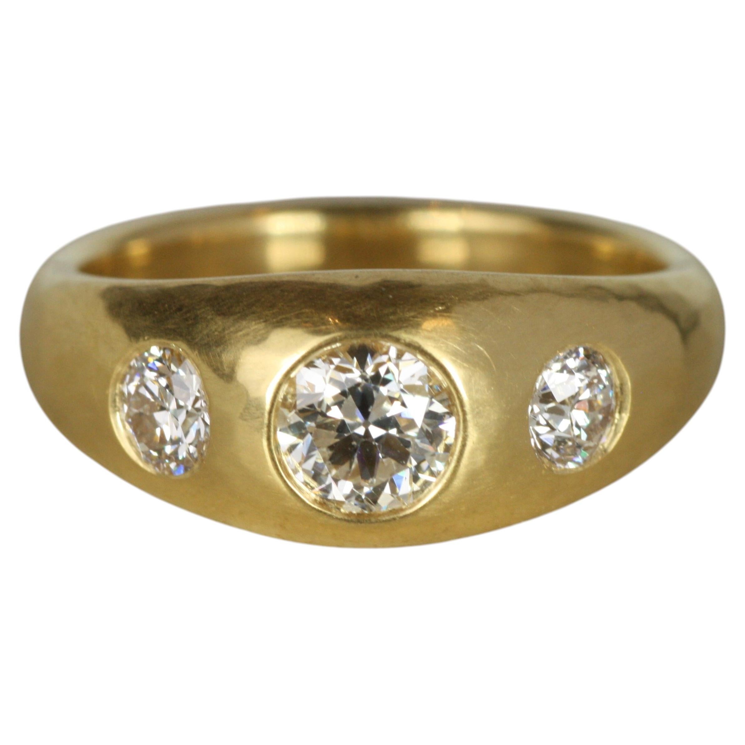 Old Mine Cut Natural Diamond Three-Stone Gypsy Ring