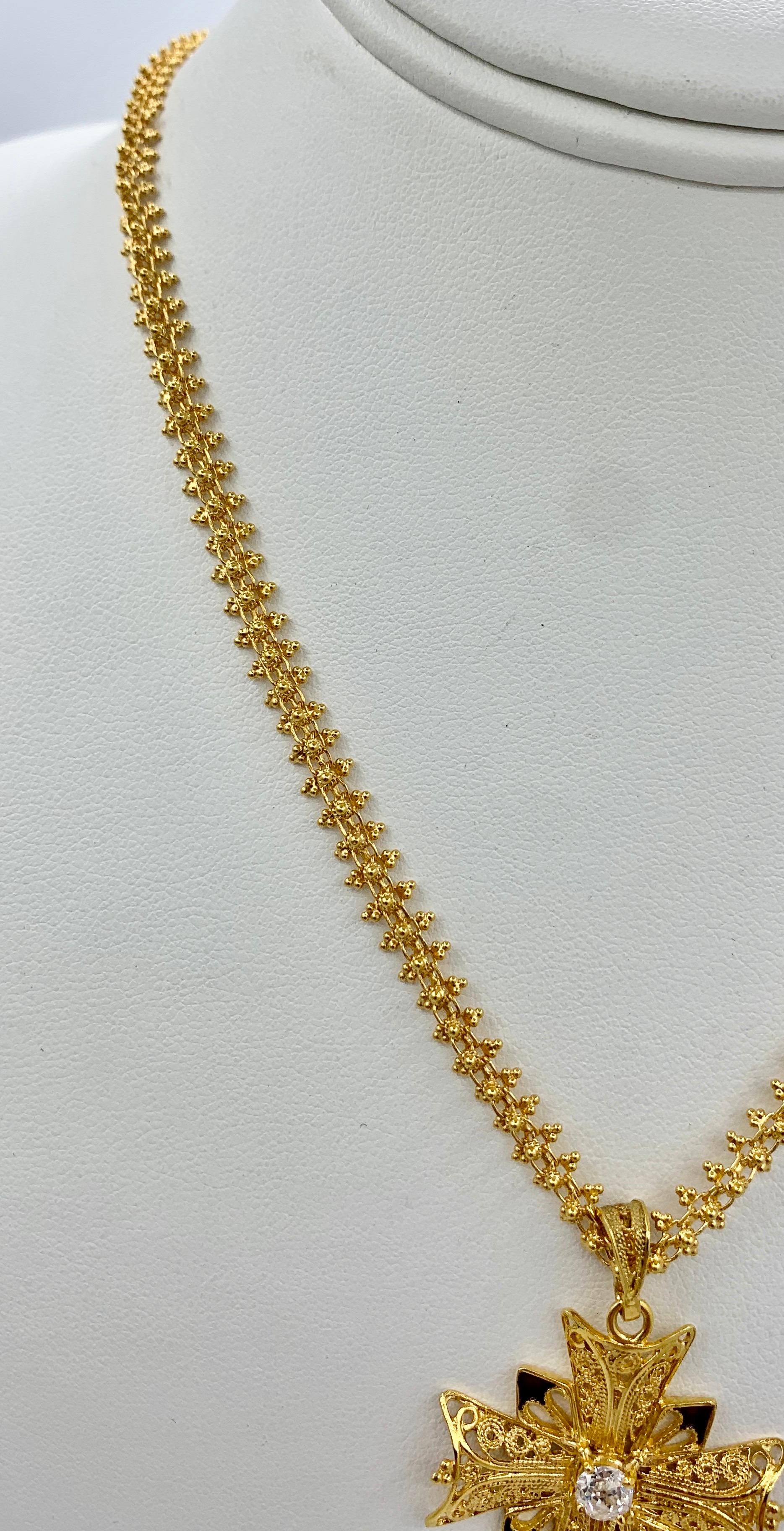 Old Mine Diamond 18 Karat Gold Enamel Cross Necklace Tourmaline Clasp For Sale 1