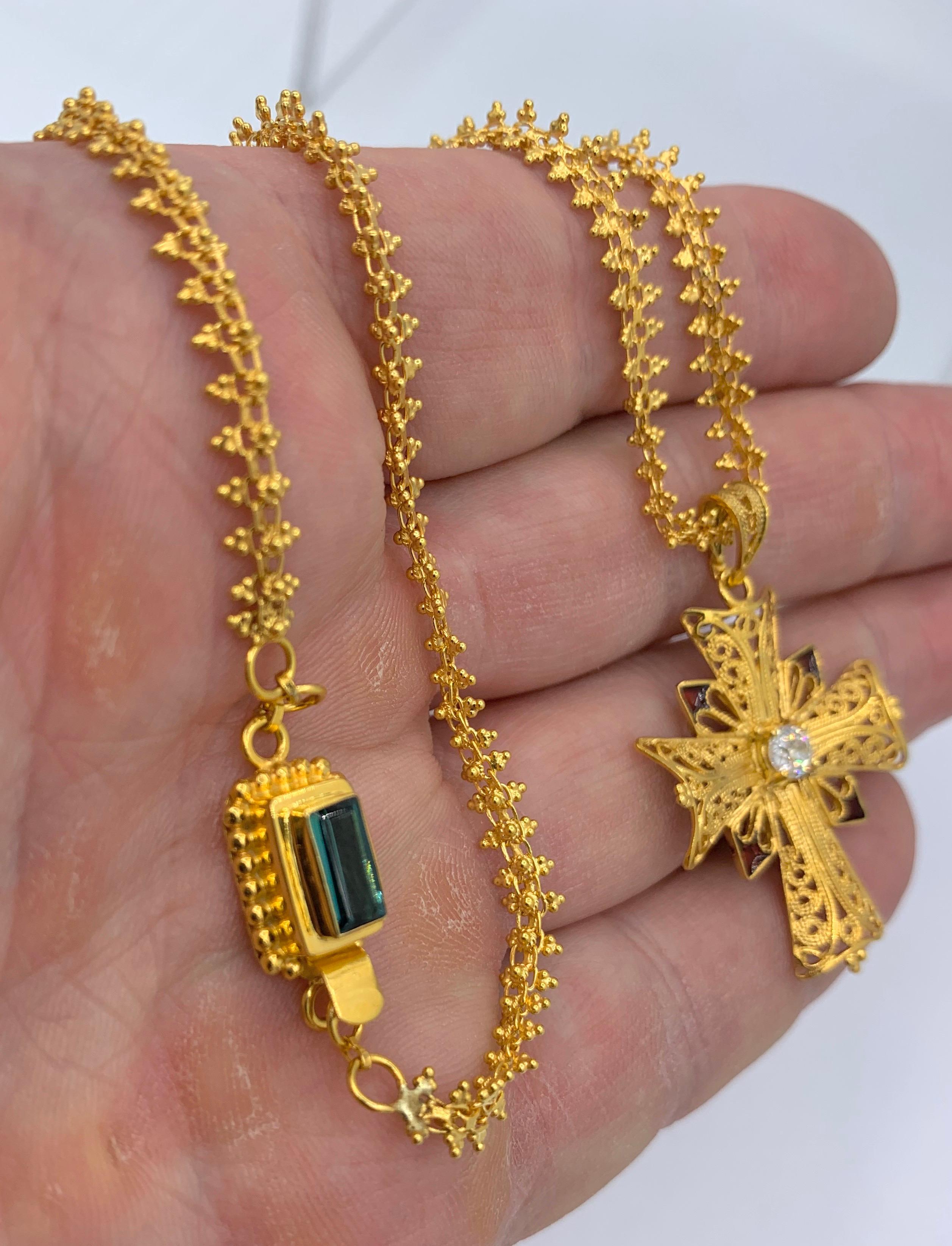 Old Mine Diamond 18 Karat Gold Enamel Cross Necklace Tourmaline Clasp For Sale 2
