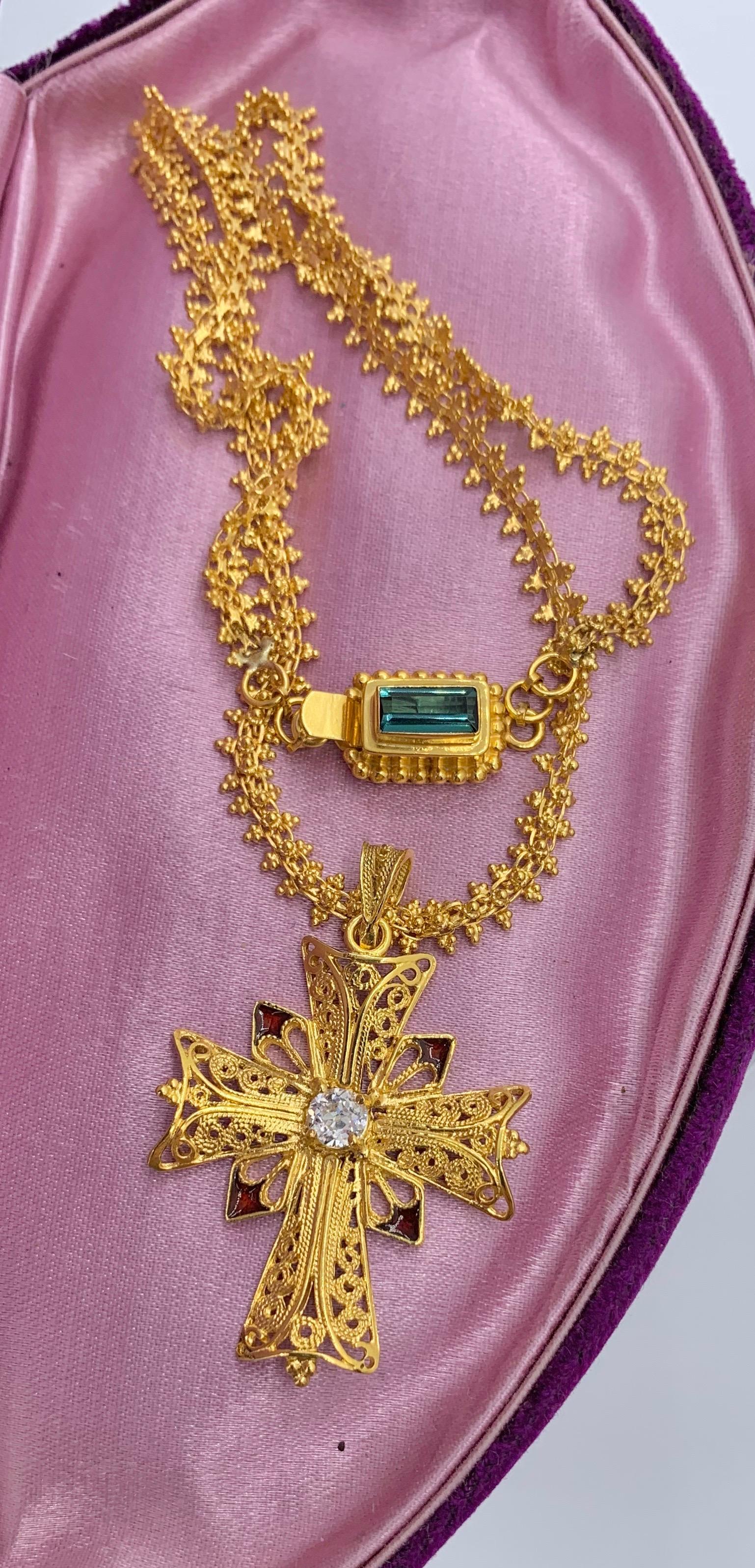 Old Mine Diamond 18 Karat Gold Enamel Cross Necklace Tourmaline Clasp For Sale 3
