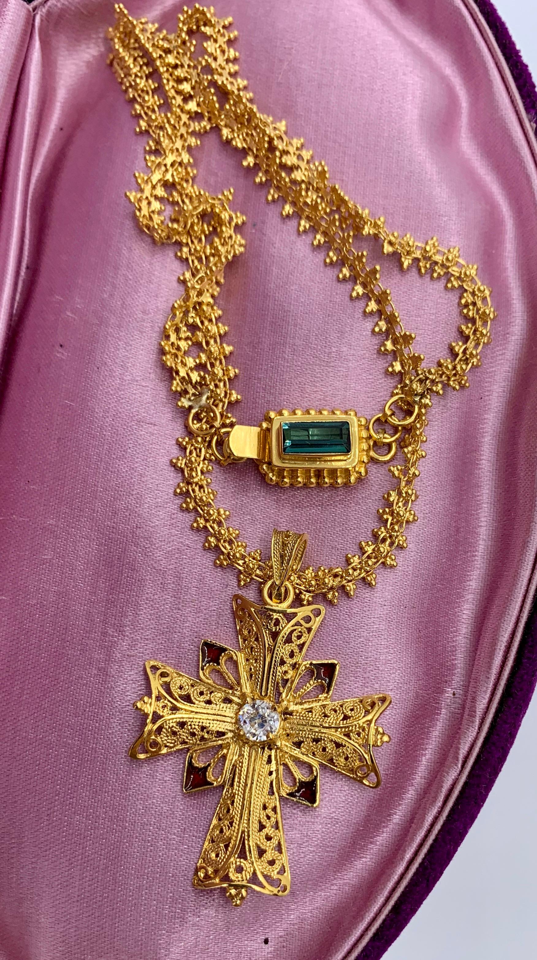 Old Mine Diamond 18 Karat Gold Enamel Cross Necklace Tourmaline Clasp For Sale 4