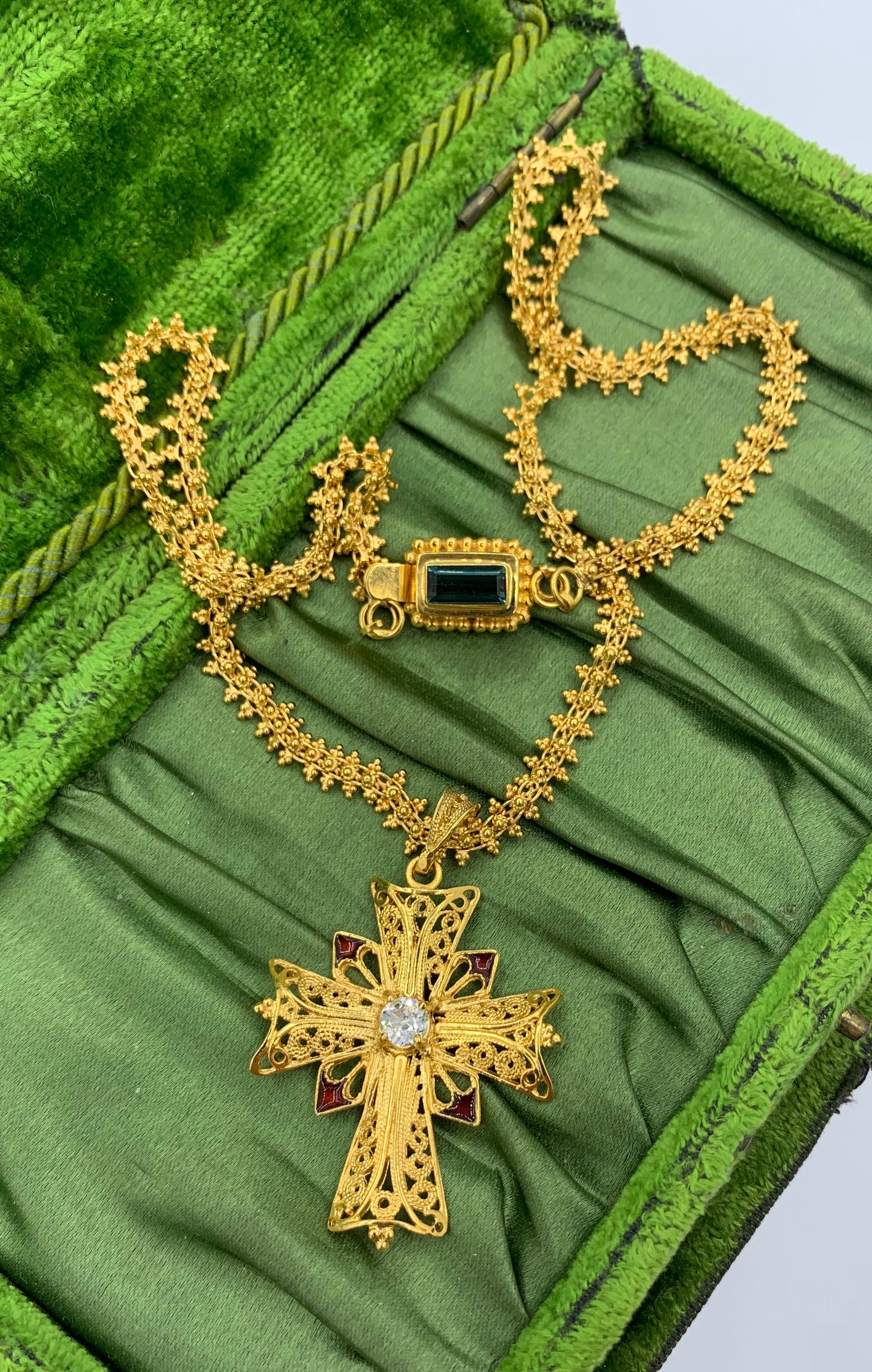 Old Mine Diamond 18 Karat Gold Enamel Cross Necklace Tourmaline Clasp For Sale 5