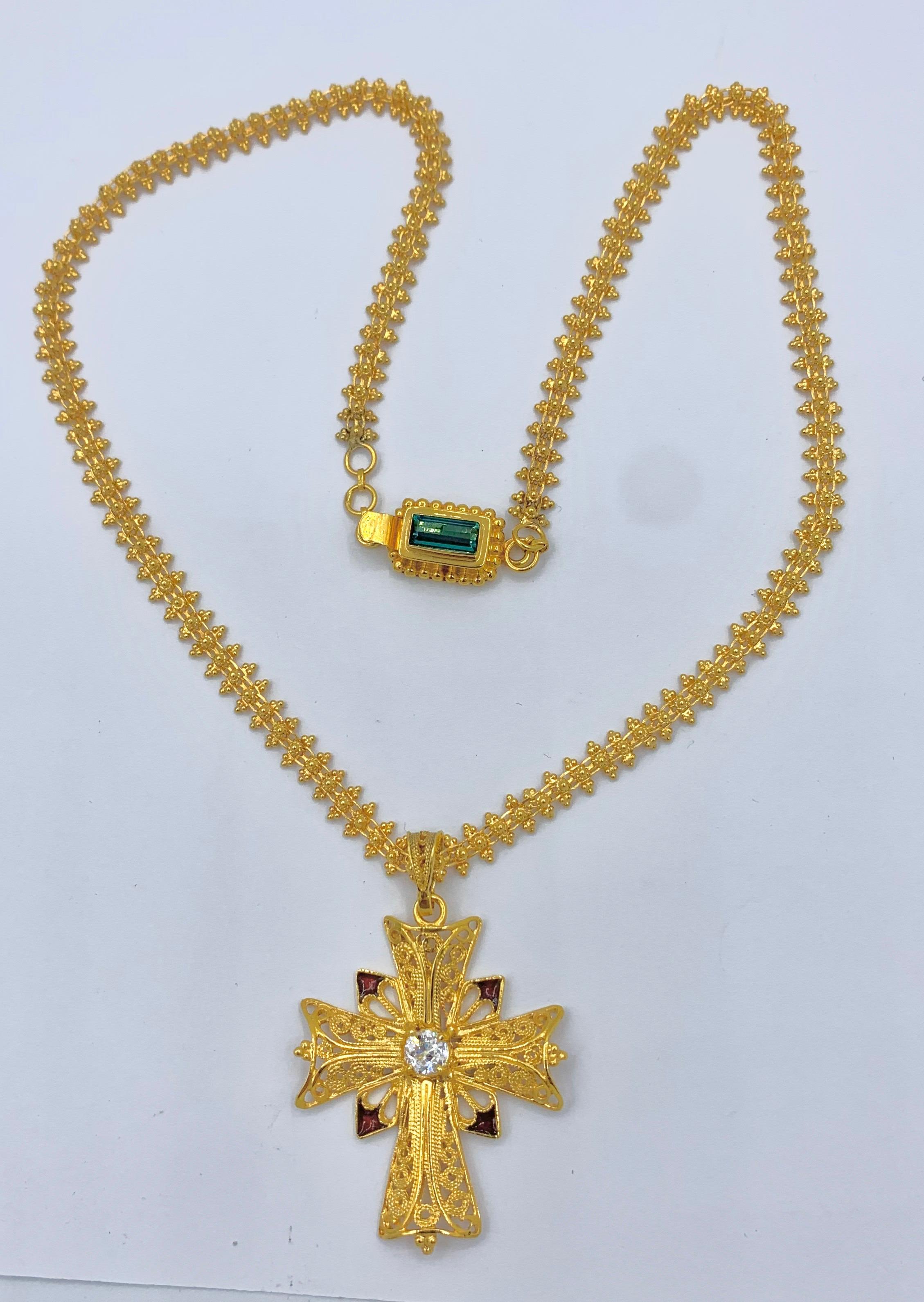 Contemporary Old Mine Diamond 18 Karat Gold Enamel Cross Necklace Tourmaline Clasp For Sale