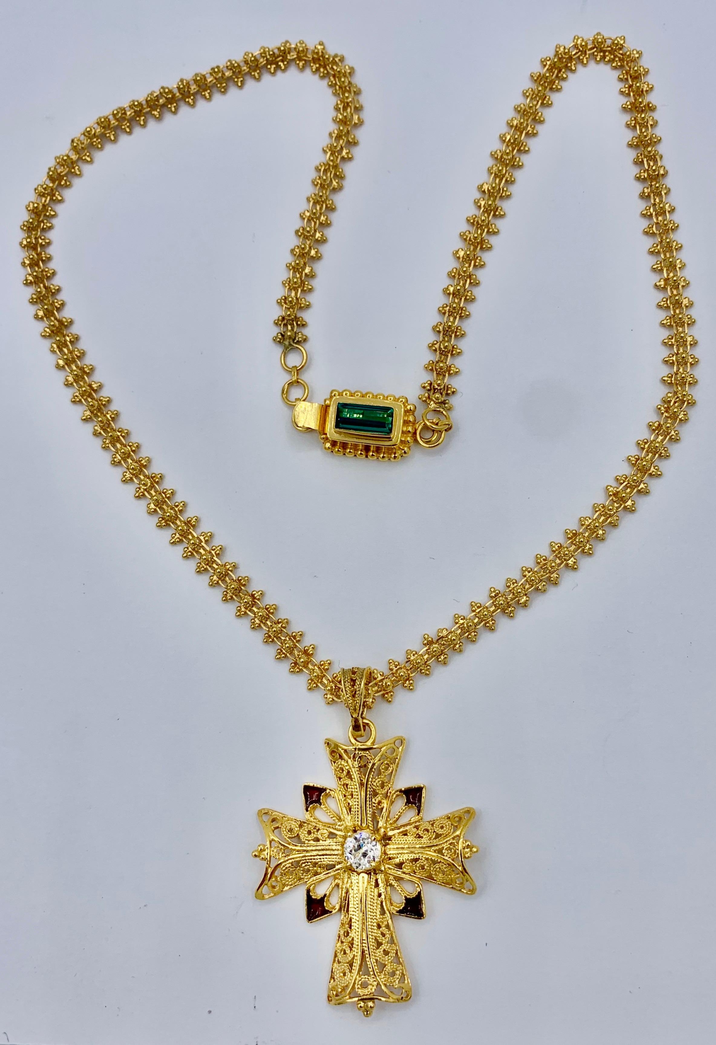 Old Mine Cut Old Mine Diamond 18 Karat Gold Enamel Cross Necklace Tourmaline Clasp For Sale